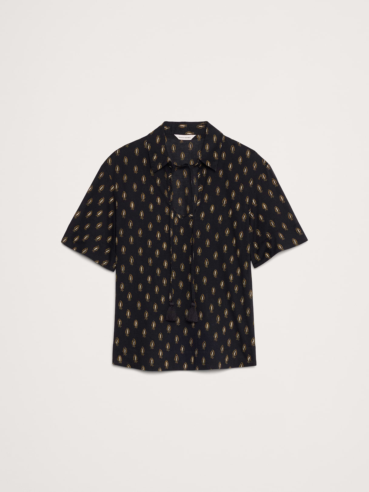 Cotton Popover Shirt with Tassel Tie - Black Paisley