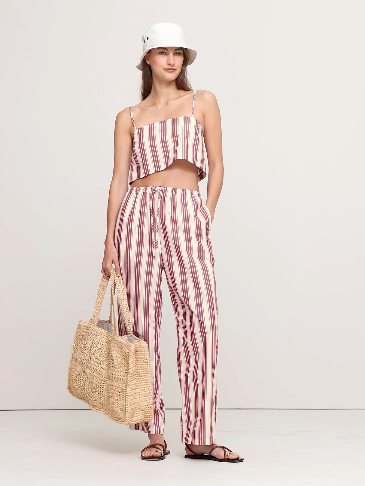 Cotton Poplin Cropped Cami - Red Clay & Cream Stripe