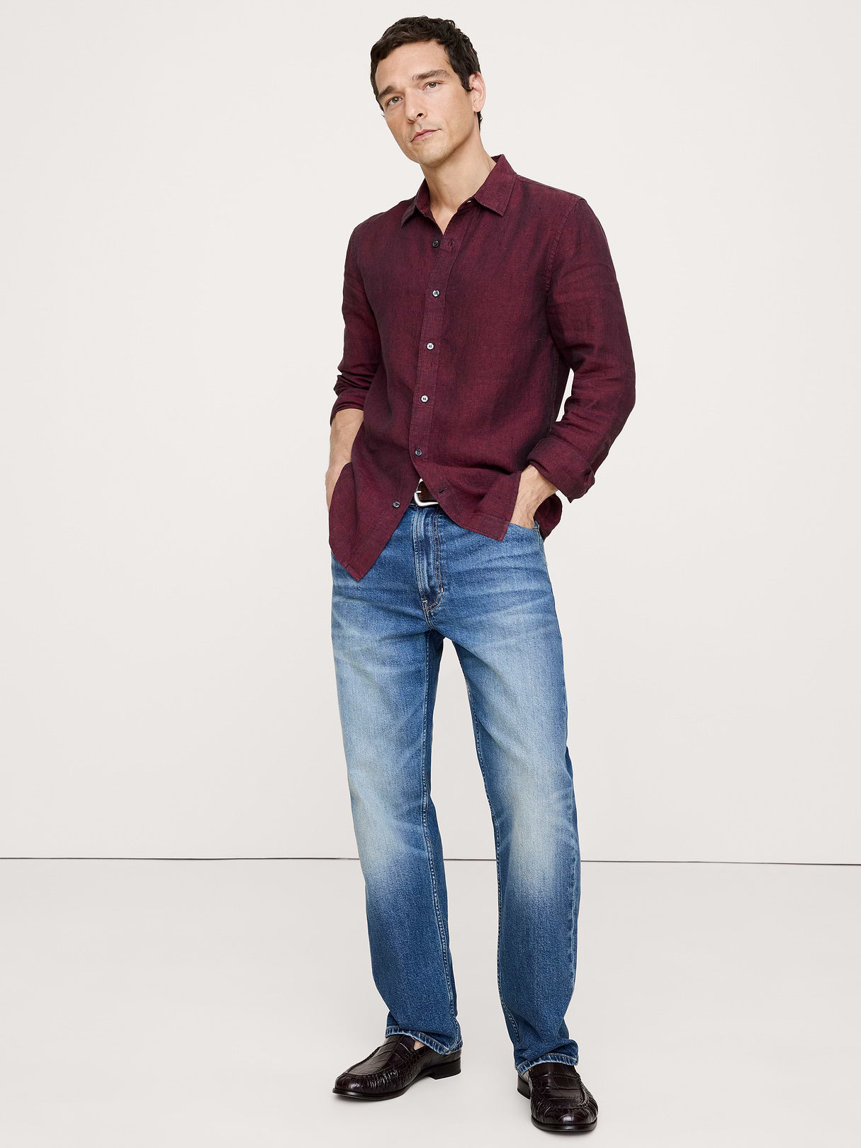 Slim-Fit Linen Shirt - Burgundy Red