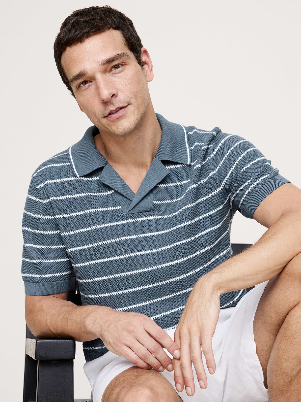 Texture Stripe Cotton Polo - Atmospheric Blue