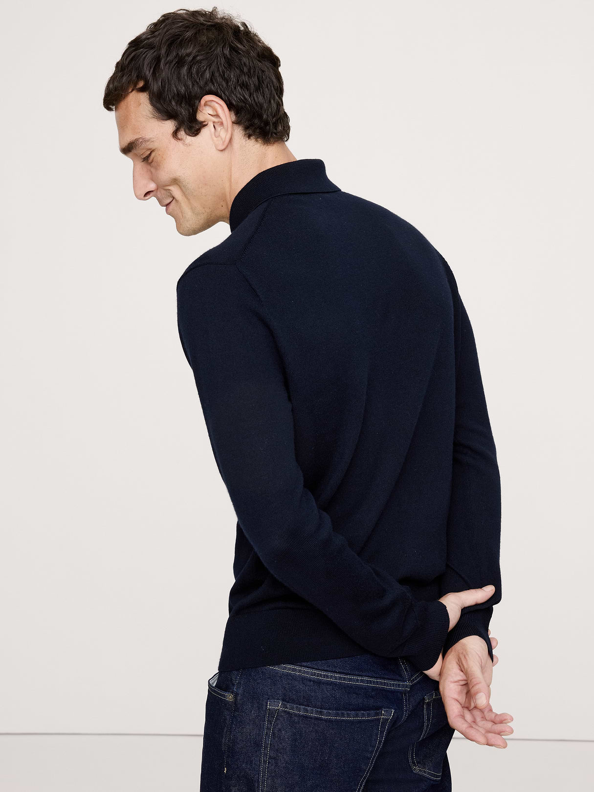 Merino Long-Sleeve Sweater Polo - Navy Blue