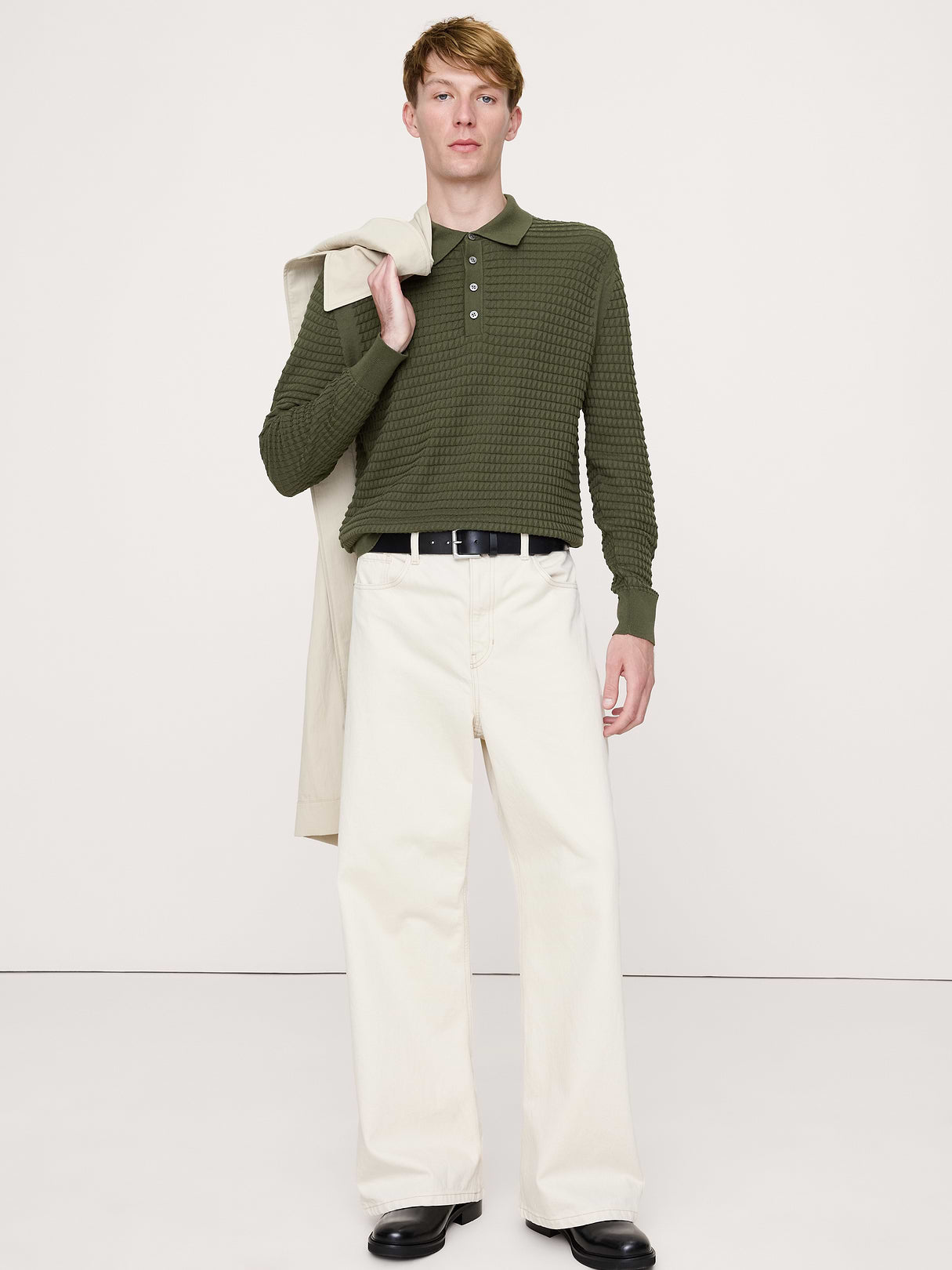 Textured Cotton Long-Sleeve Sweater Polo - Dark Trees Green