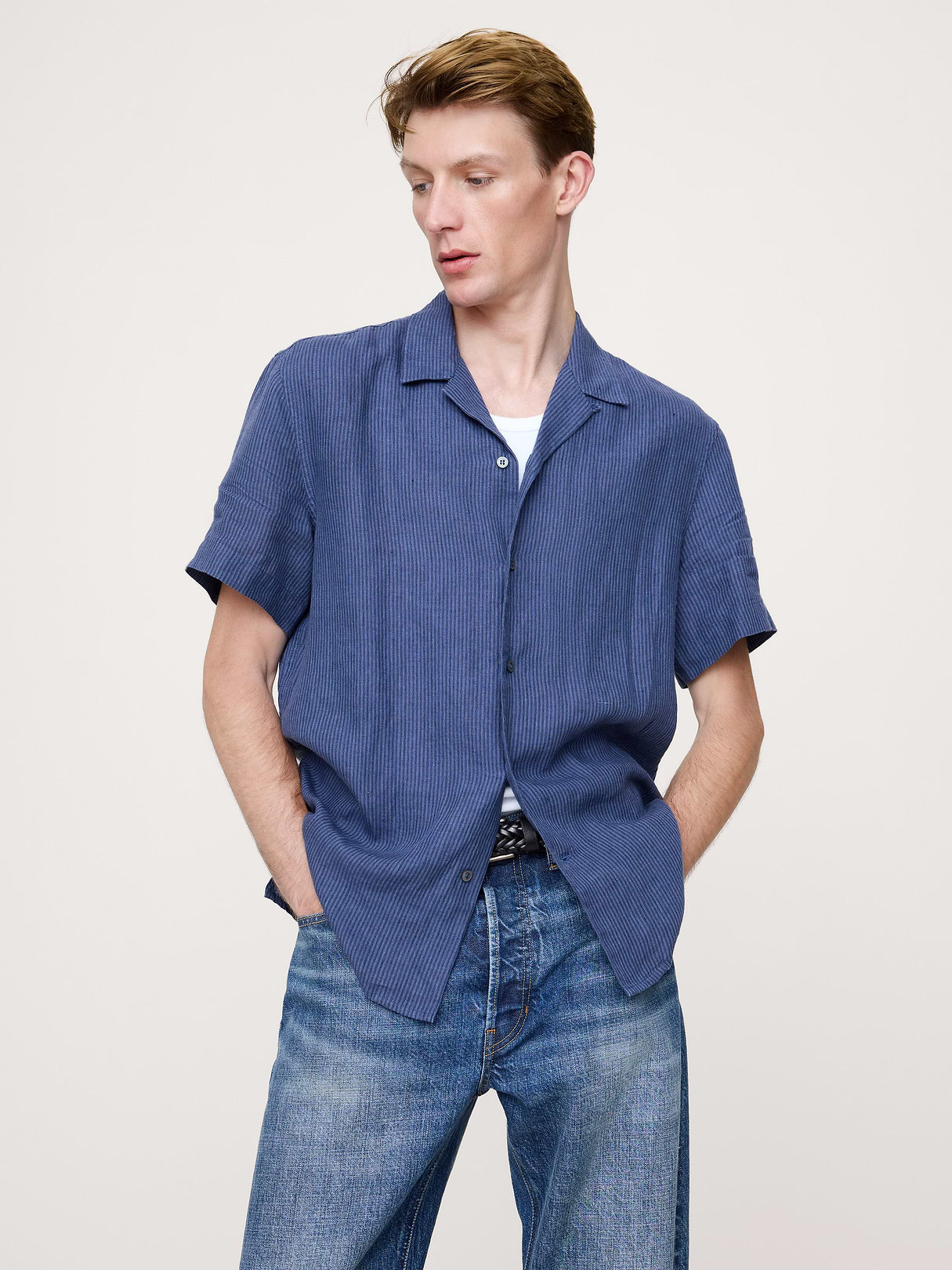 Standard-Fit Linen Resort Shirt - Navy Blue Stripe