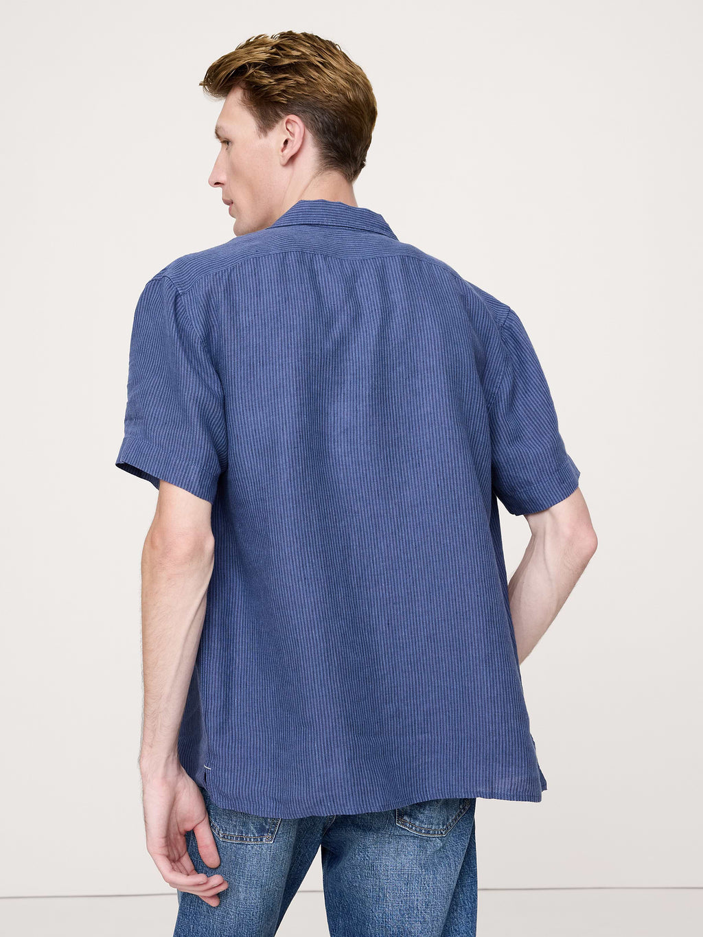 Standard-Fit Linen Resort Shirt - Navy Blue Stripe