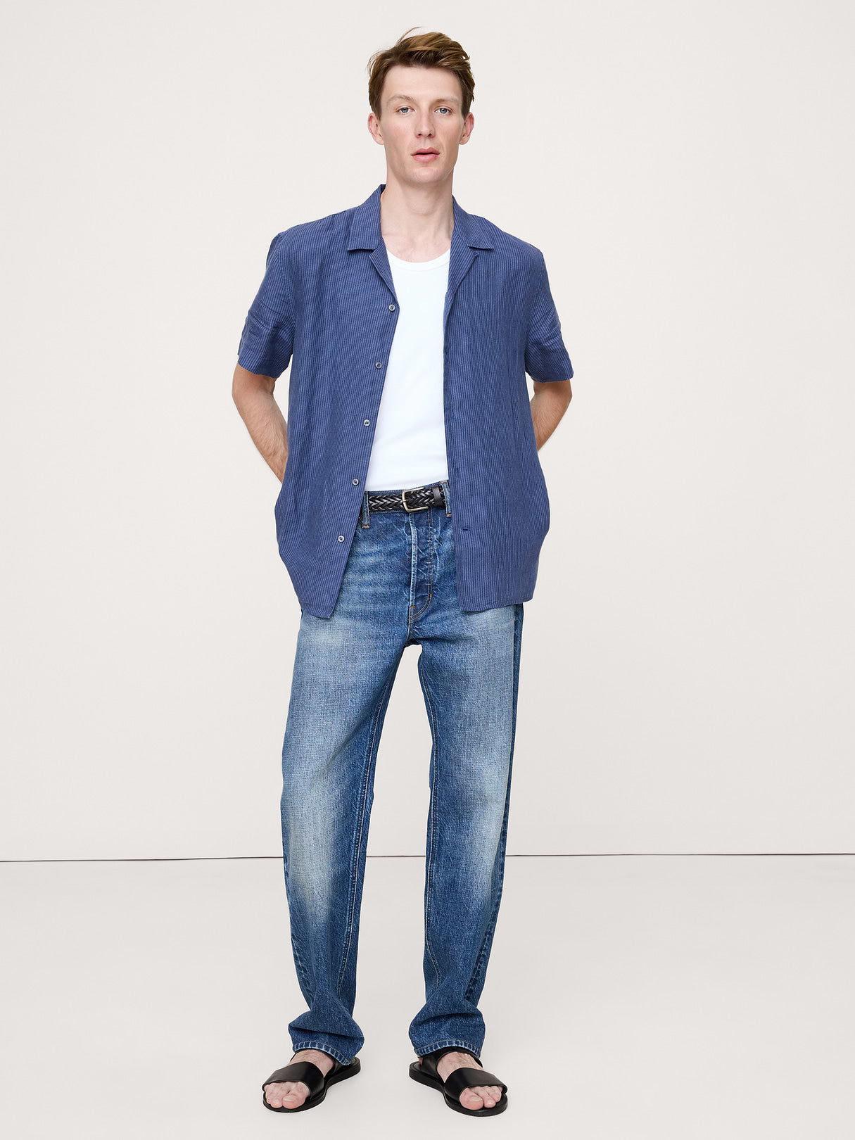 Standard-Fit Linen Resort Shirt - Navy Blue Stripe