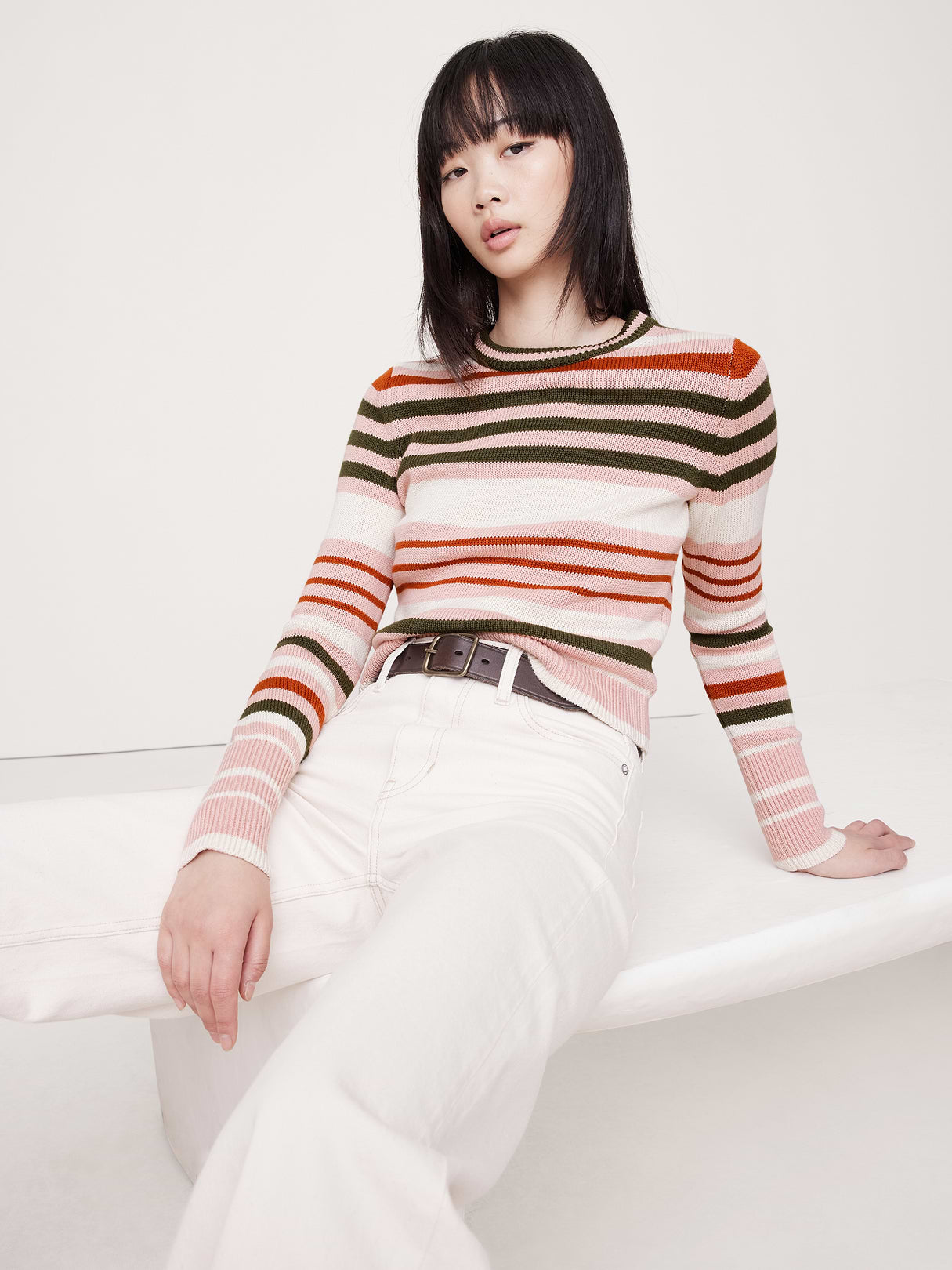 Larkspur Cotton-Silk Shrunken Sweater - Pink Multi Stripe
