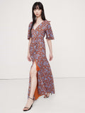 Stretch-Crepe Flutter-Sleeve Maxi Dress - Lilac Floral Paisley