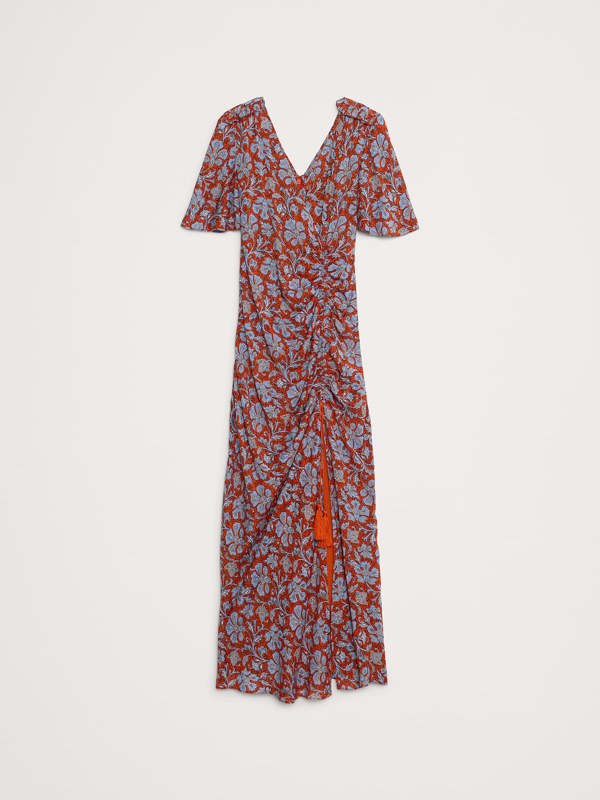 Stretch-Crepe Flutter-Sleeve Maxi Dress - Lilac Floral Paisley