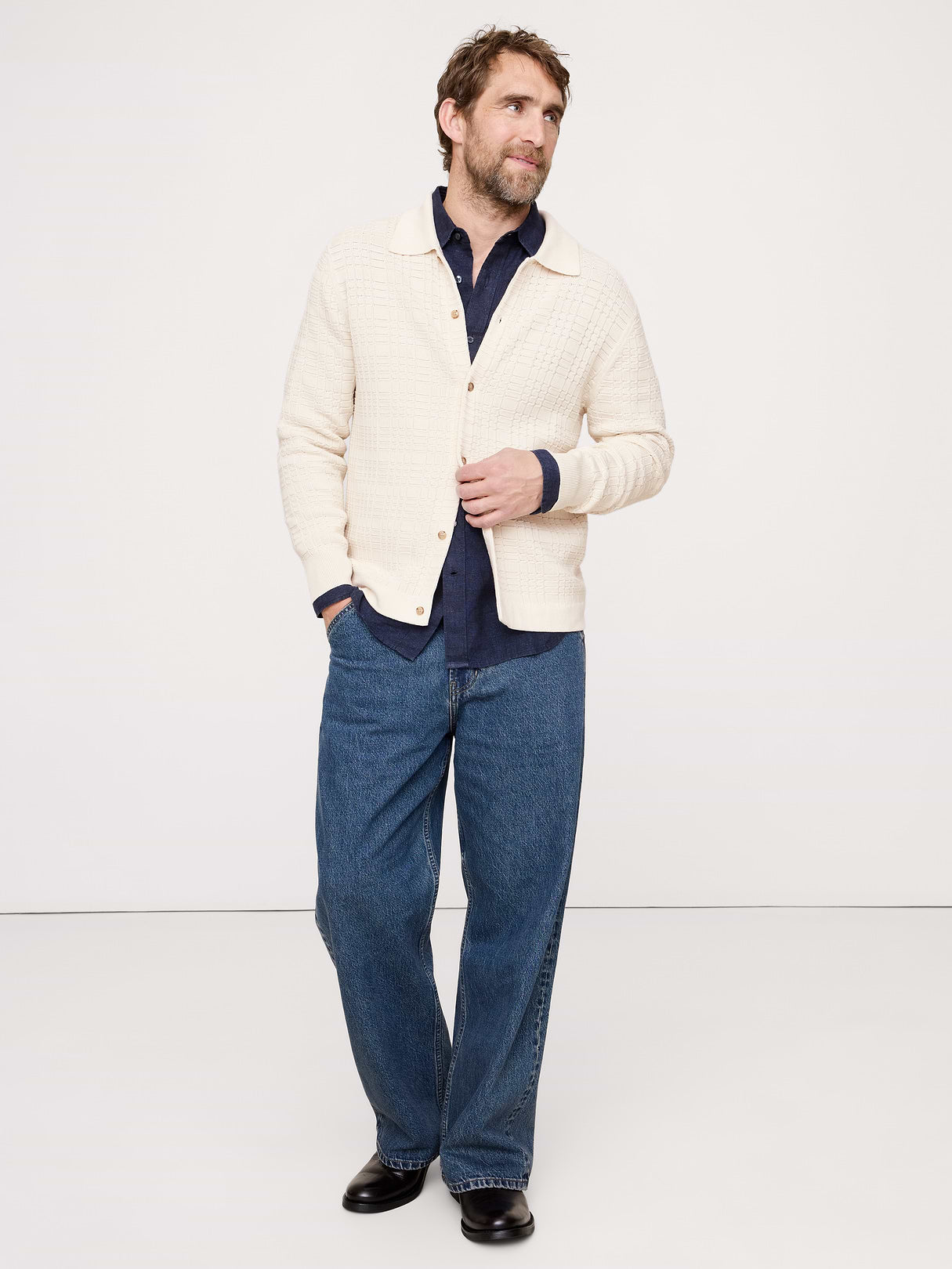 Plaid Texture Cotton Polo Cardigan - Cream White