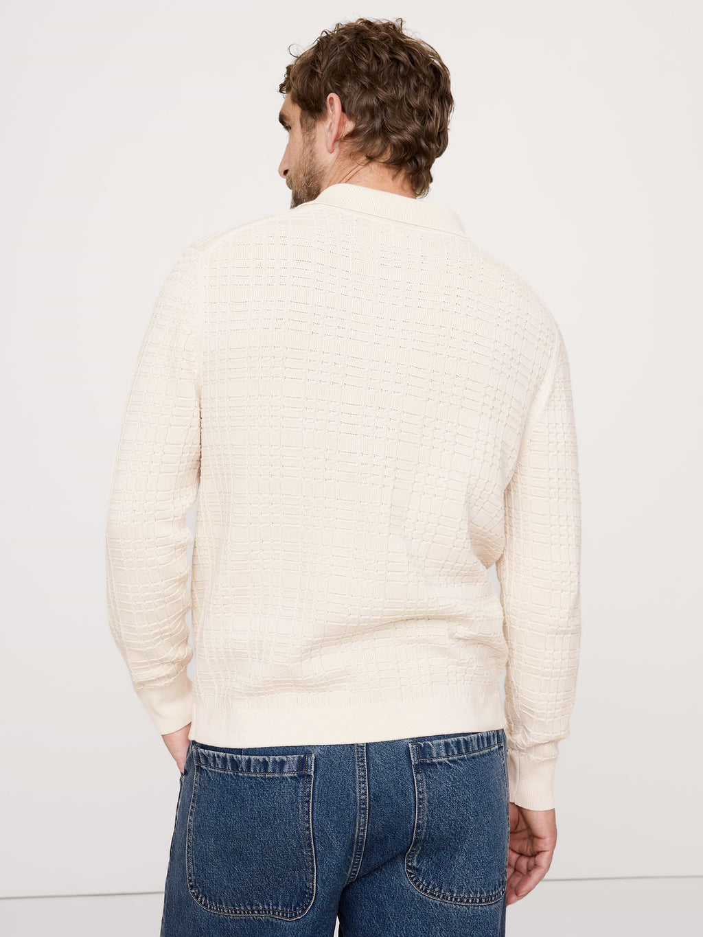 Plaid Texture Cotton Polo Cardigan - Cream White