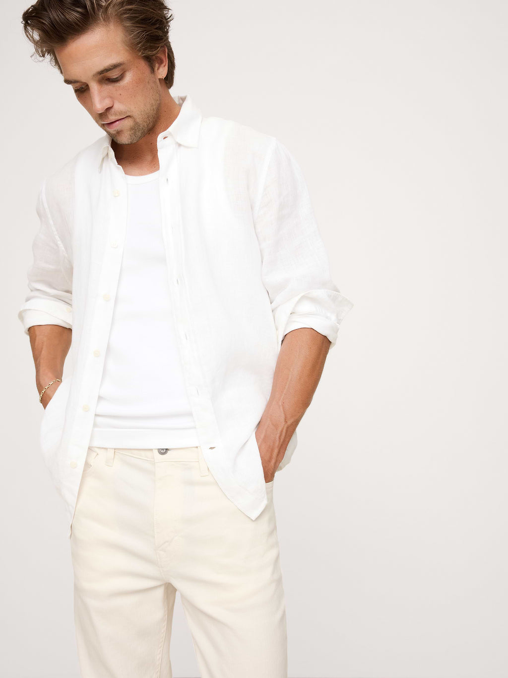 Slim Linen-Cotton Traveler Pant - White