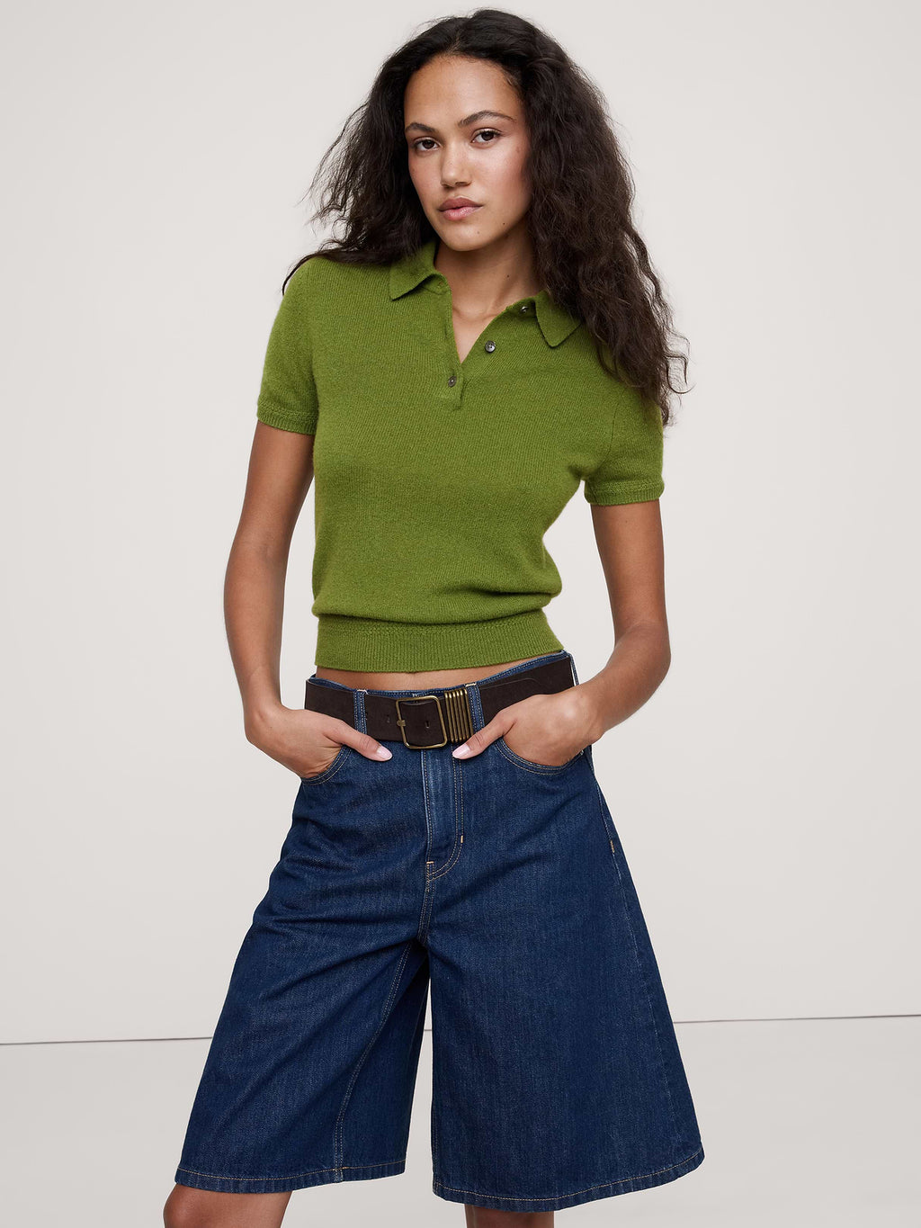 Lightweight Cashmere Short-Sleeve Sweater Polo - Leafy Green