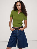 Lightweight Cashmere Short-Sleeve Sweater Polo - Leafy Green