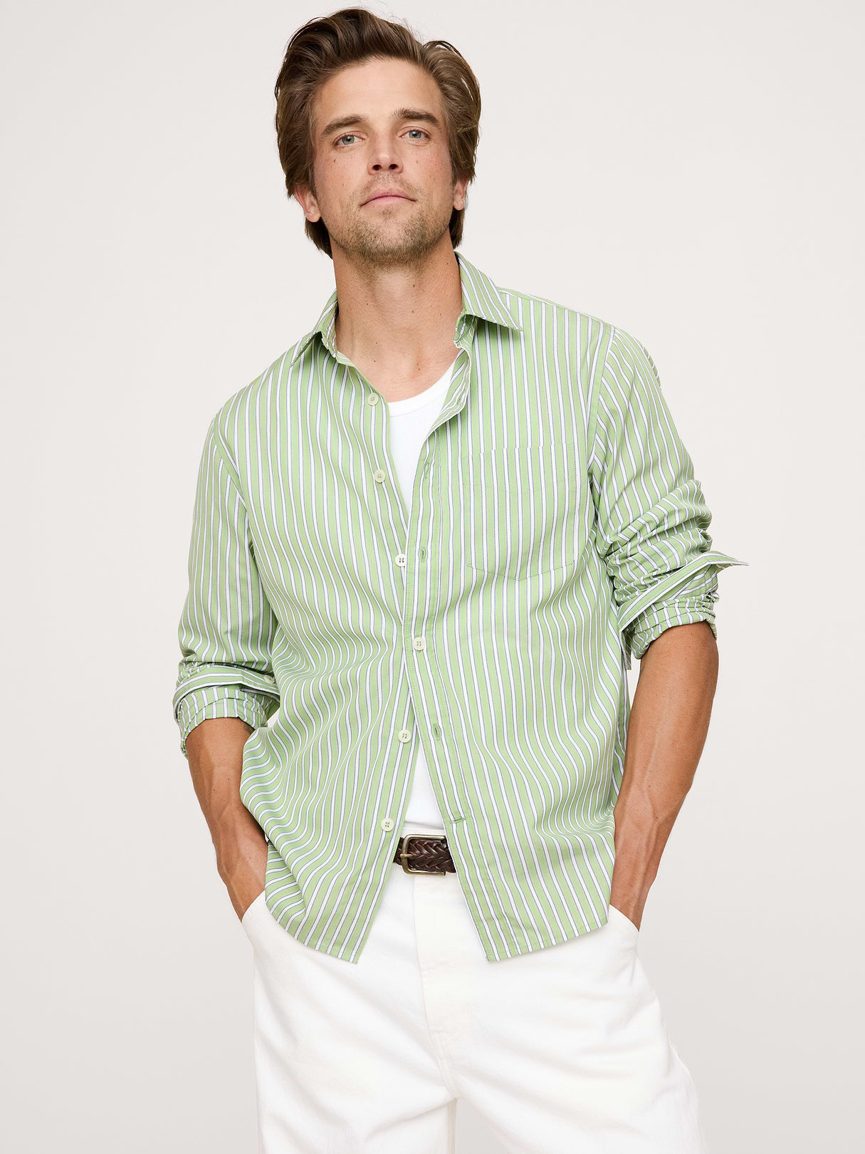 Standard-Fit Washed Cotton Poplin Shirt - Green & Blue