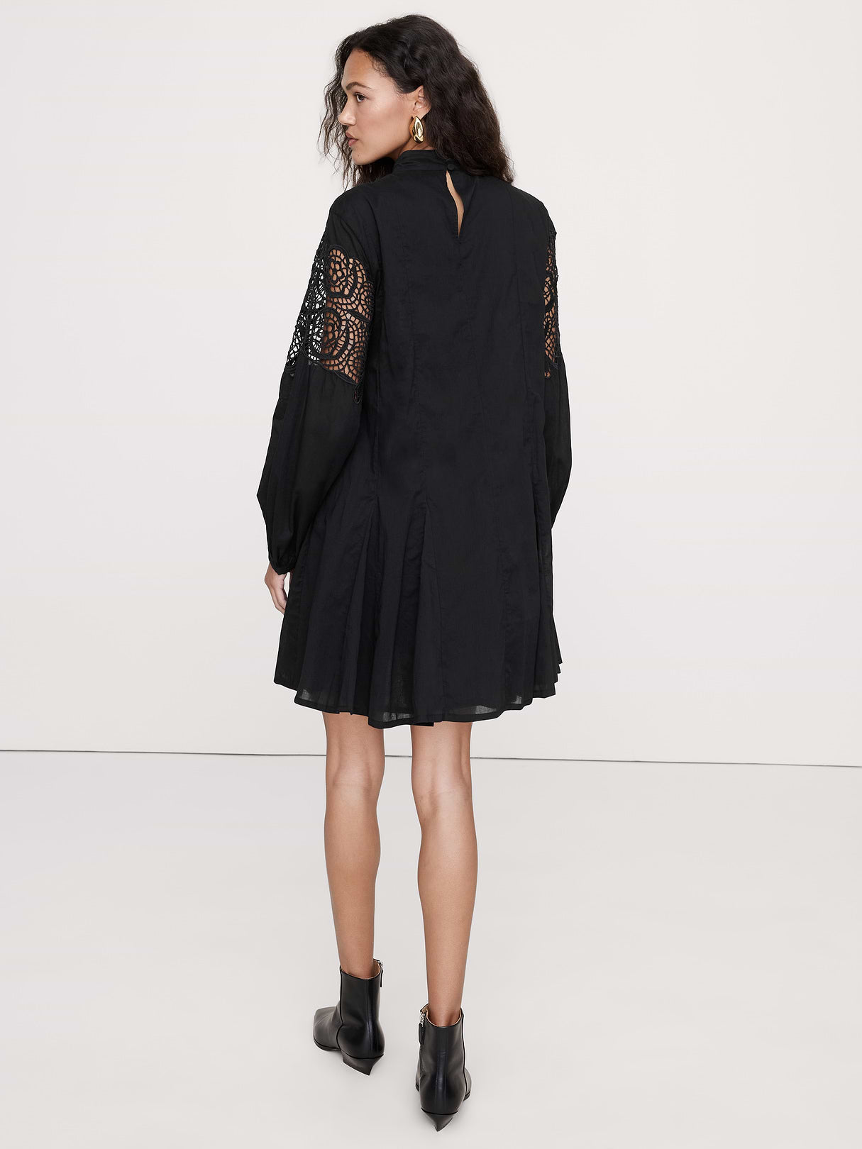 Cotton & Lace Mock-Neck Dress with Removable Belt Bag - Black