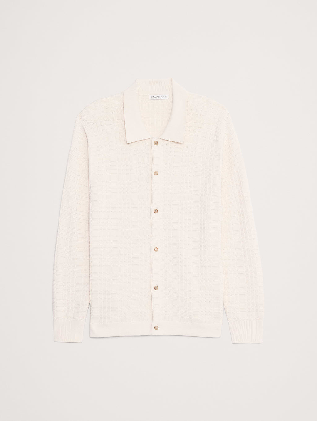 Plaid Texture Cotton Polo Cardigan - Cream White