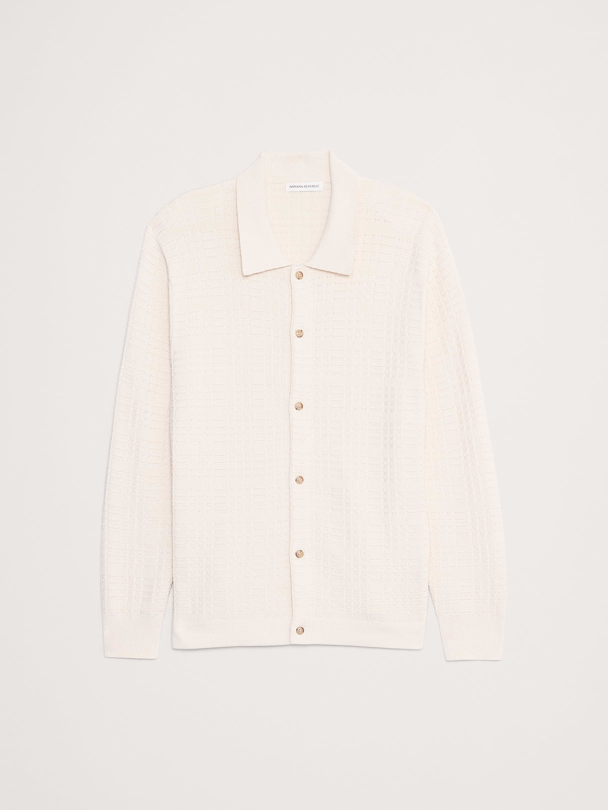 Plaid Texture Cotton Polo Cardigan - Cream White