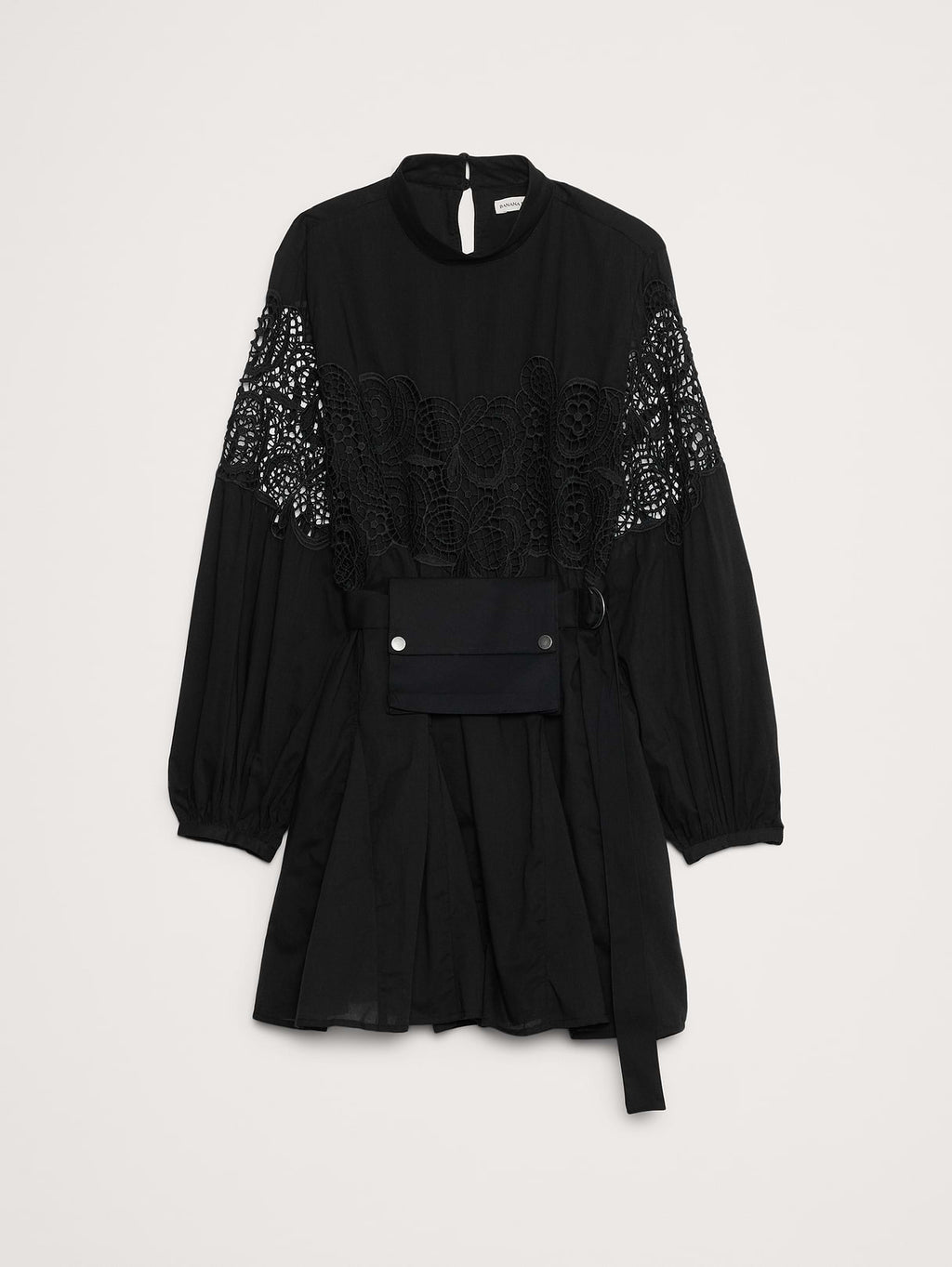 Cotton & Lace Mock-Neck Dress with Removable Belt Bag - Black