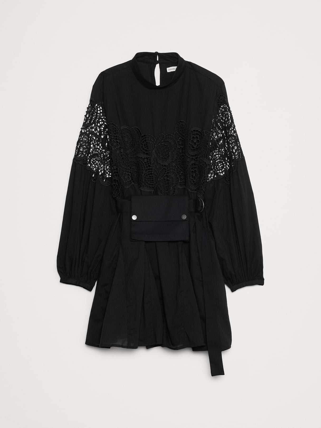 Cotton & Lace Mock-Neck Dress with Removable Belt Bag - Black