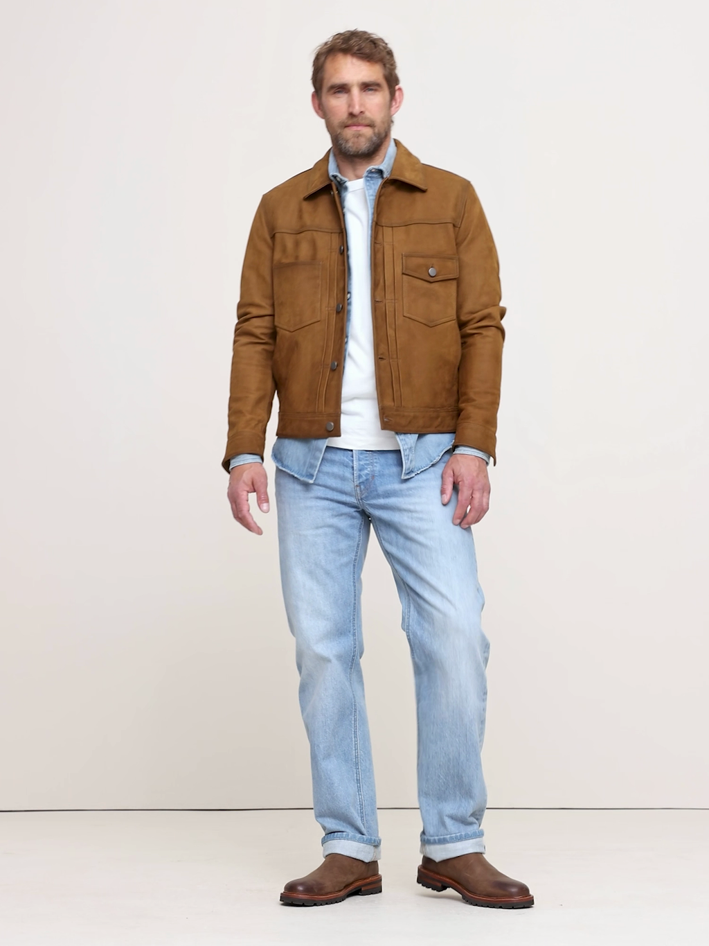 Nubuck Leather Trucker Jacket - Hazelnut Brown