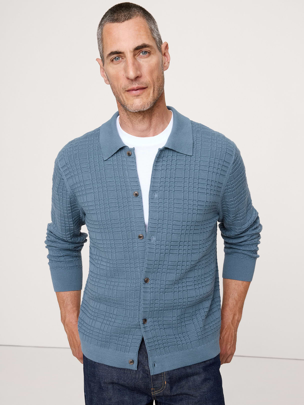 Plaid Texture Cotton Polo Cardigan - Atmospheric Blue