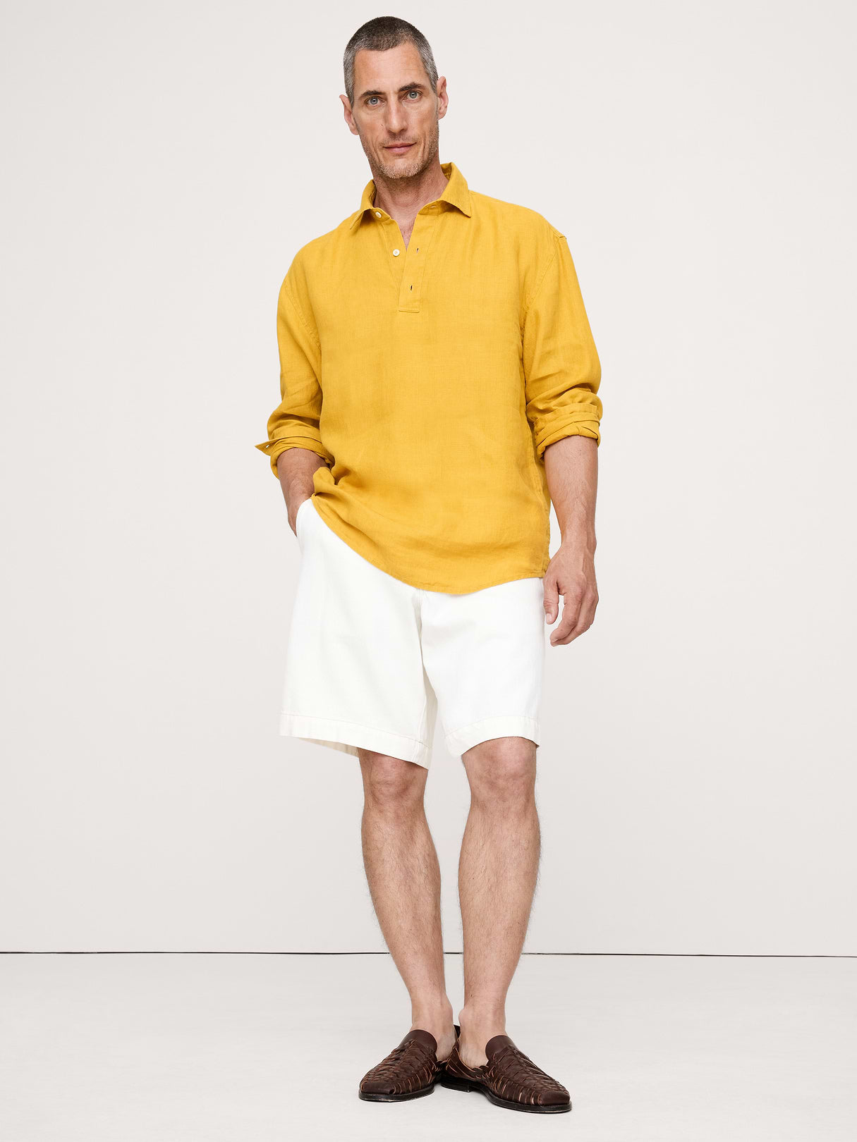Relaxed-Fit Linen Popover Shirt - Yellow