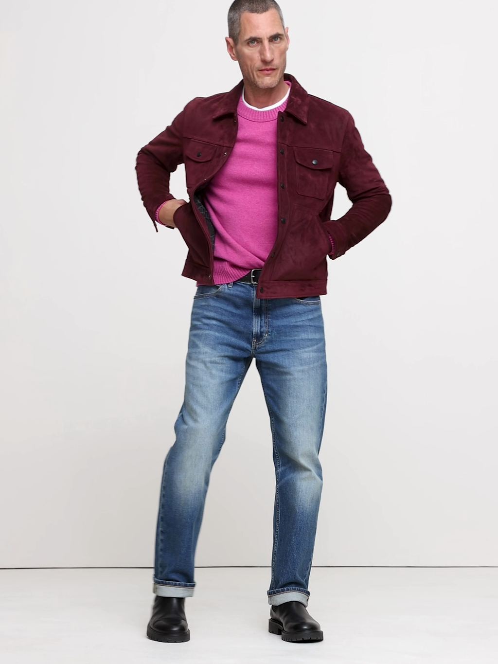 Oiled Suede Trucker Jacket - Classic Burgundy Red