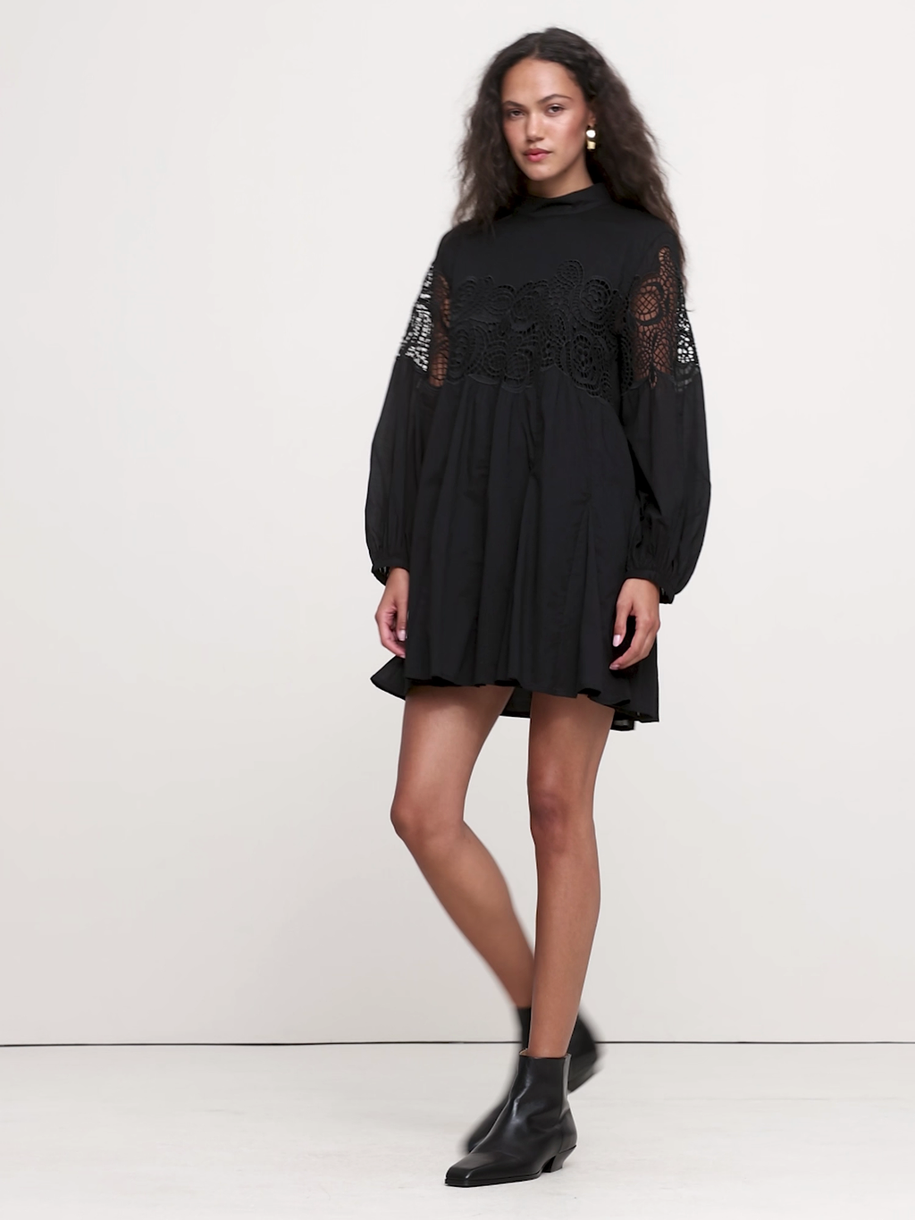 Cotton & Lace Mock-Neck Dress with Removable Belt Bag - Black