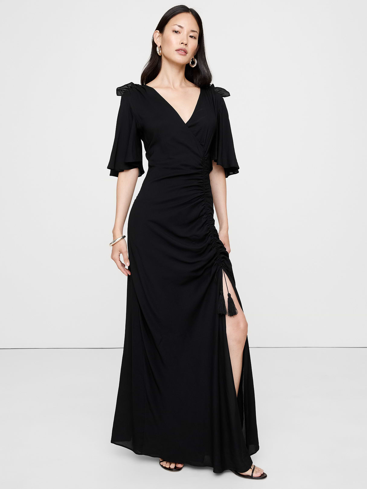 Stretch-Crepe Flutter-Sleeve Maxi Dress - Black