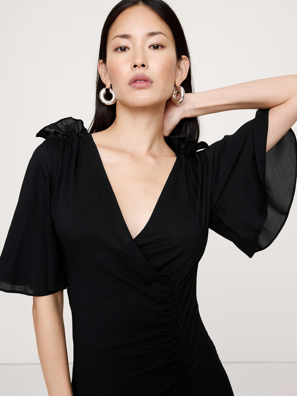 Stretch-Crepe Flutter-Sleeve Maxi Dress - Black