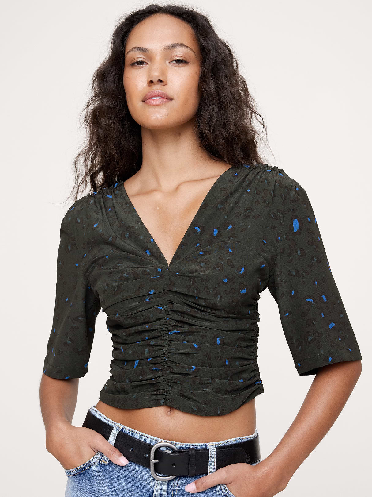 Matte Silk Ruched Top - Forest Green Leopard