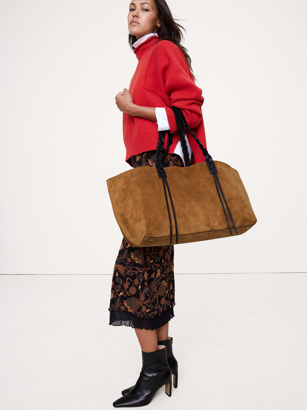 Large Leather East-West Tote - Saddle Brown