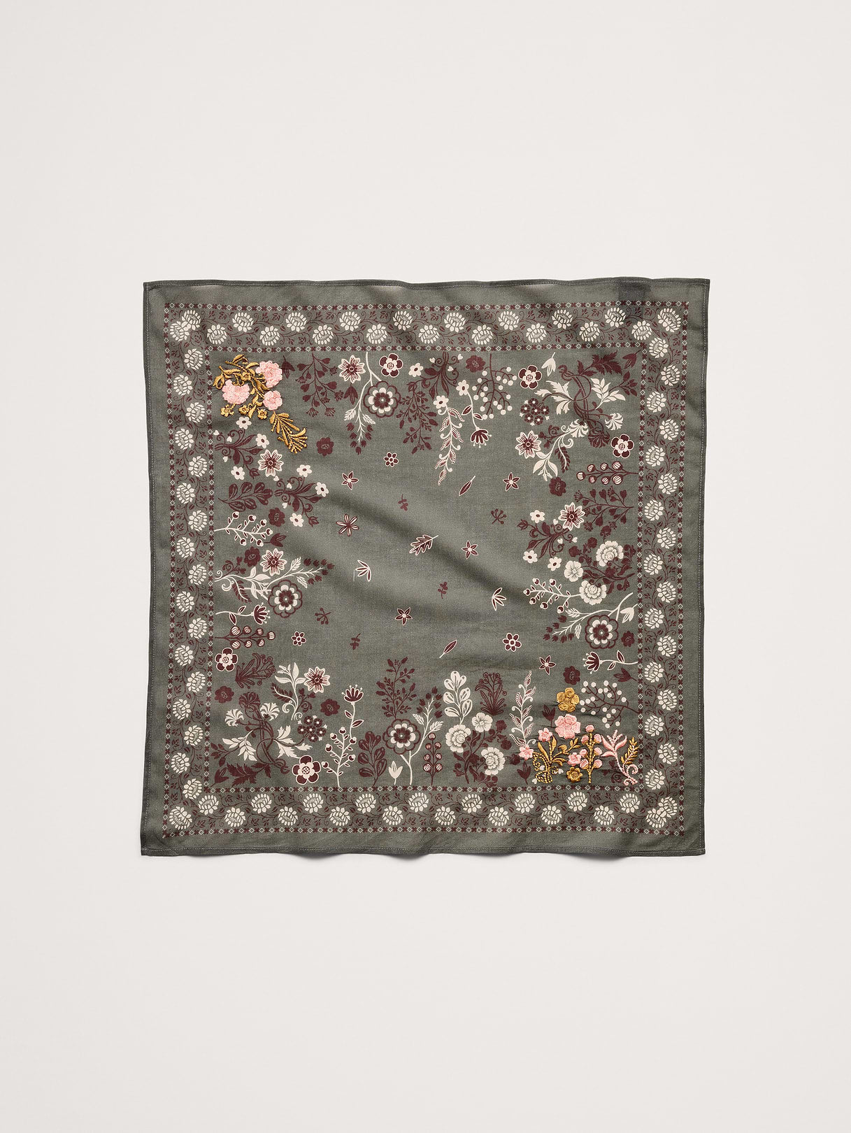 Embroidered Cotton Scarf by Vismaya - Dusty Olive Green