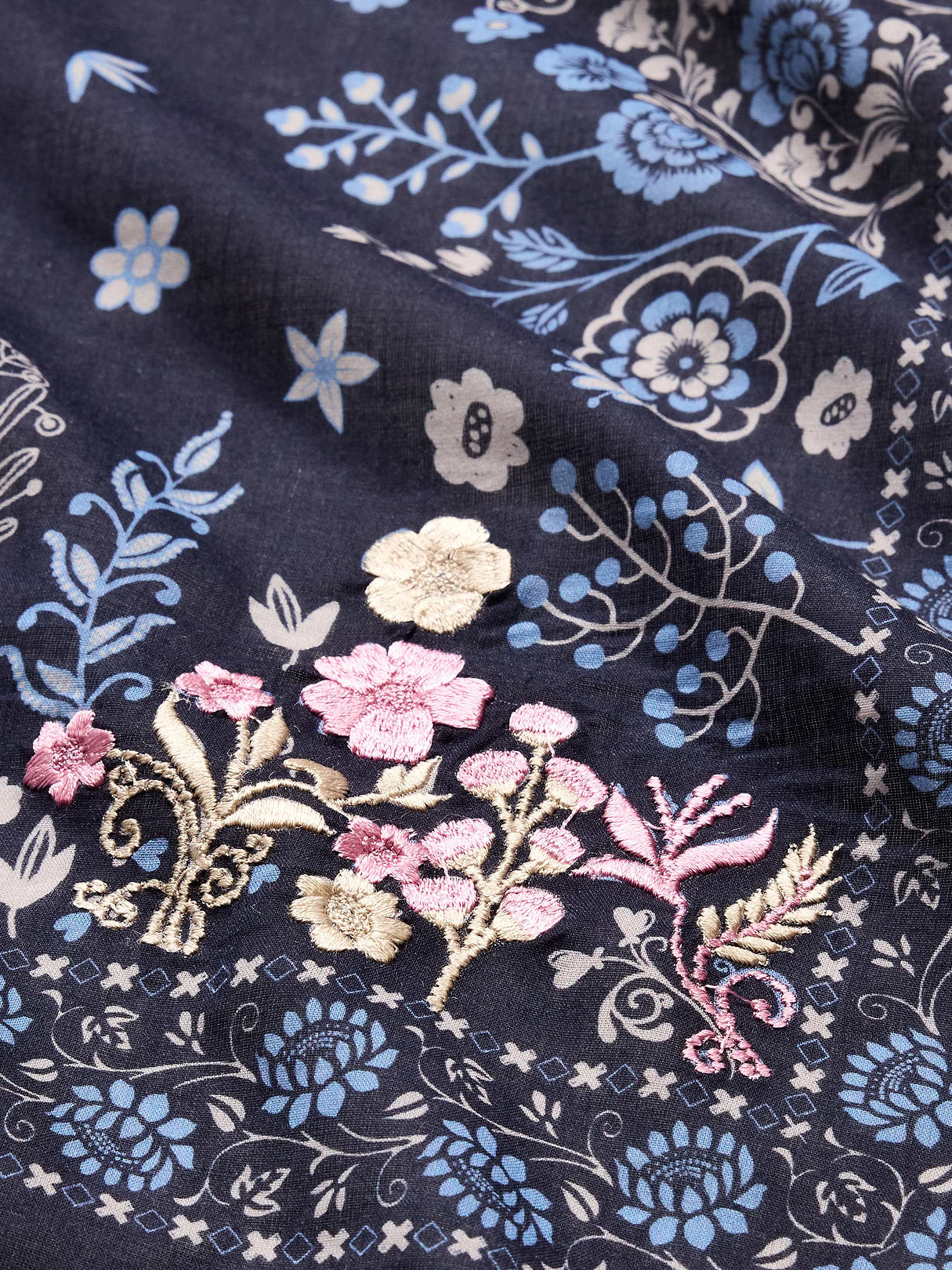 Embroidered Cotton Scarf by Vismaya - Navy Blue