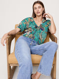 Cotton Tie-Front V-Neck Top - Bubbles Teal