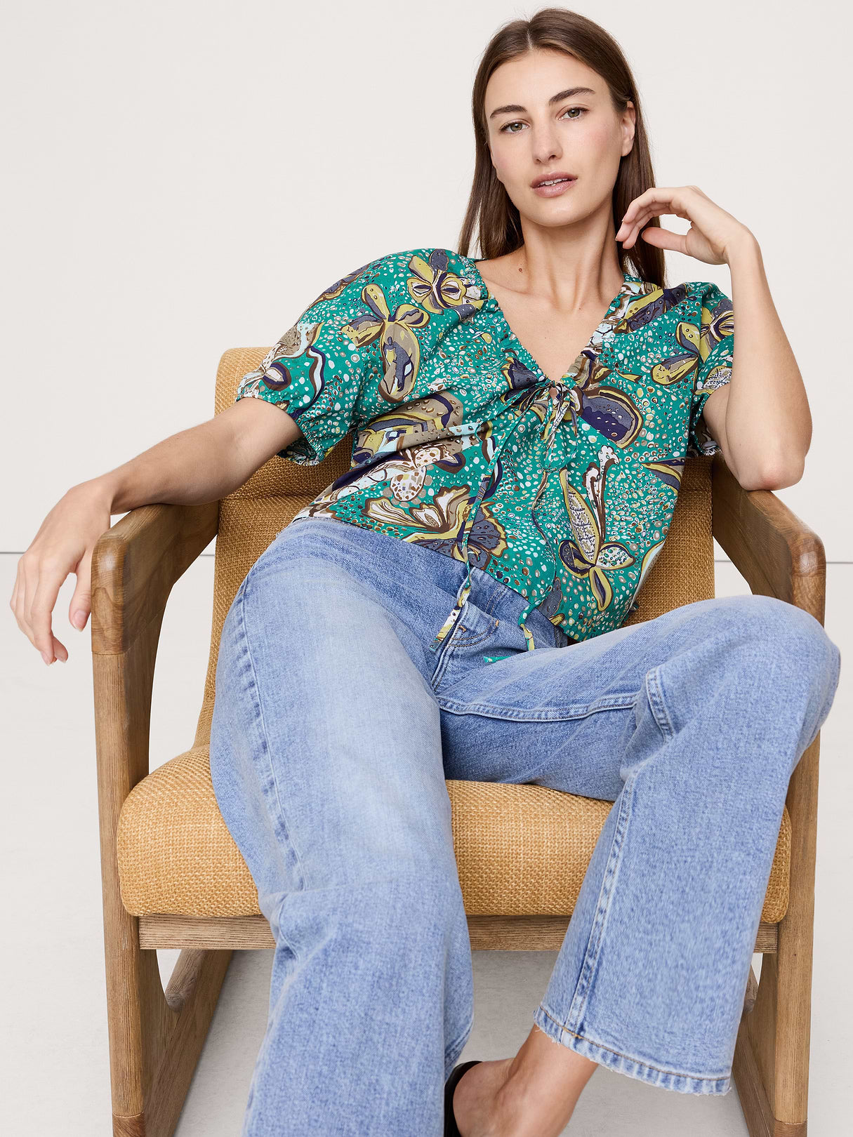 Cotton Tie-Front V-Neck Top - Bubbles Teal