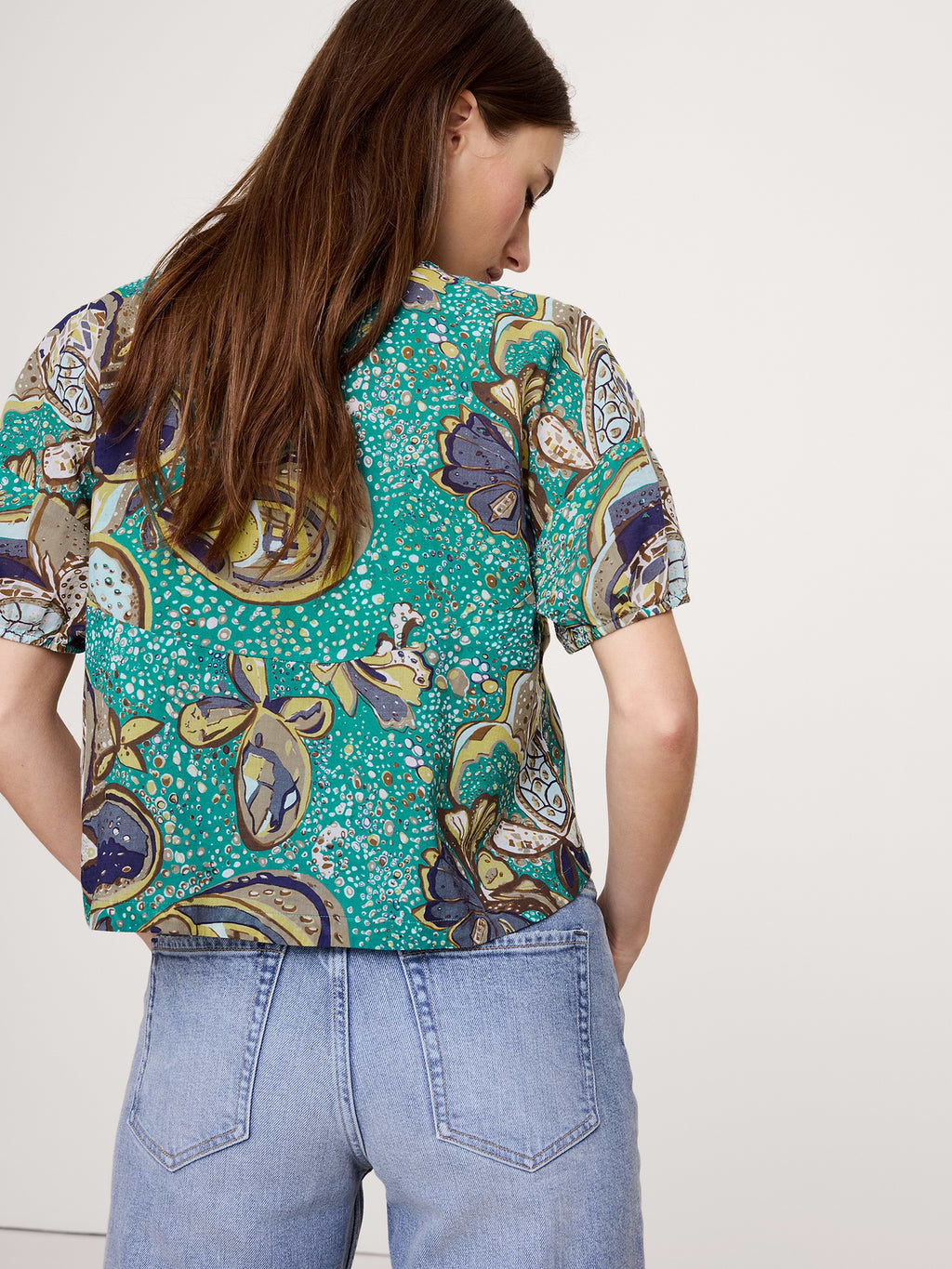 Cotton Tie-Front V-Neck Top - Bubbles Teal