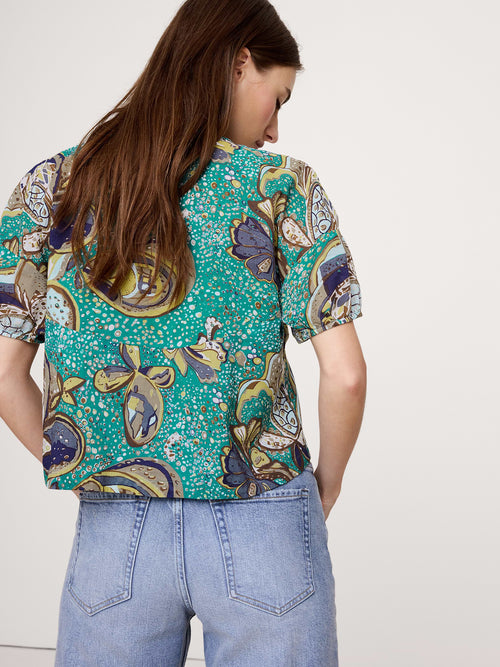 Cotton Tie-Front V-Neck Top - Bubbles Teal