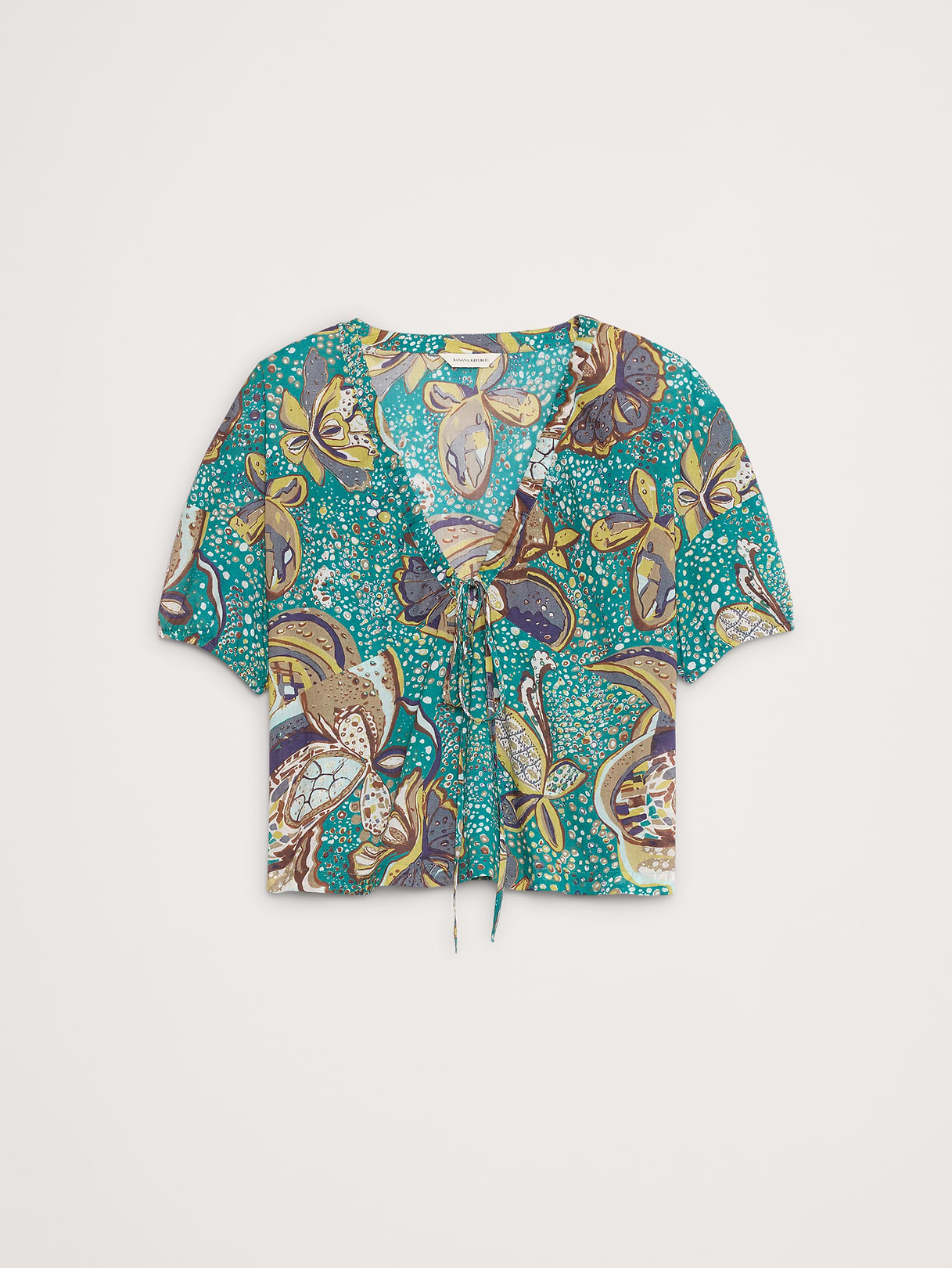 Cotton Tie-Front V-Neck Top - Bubbles Teal