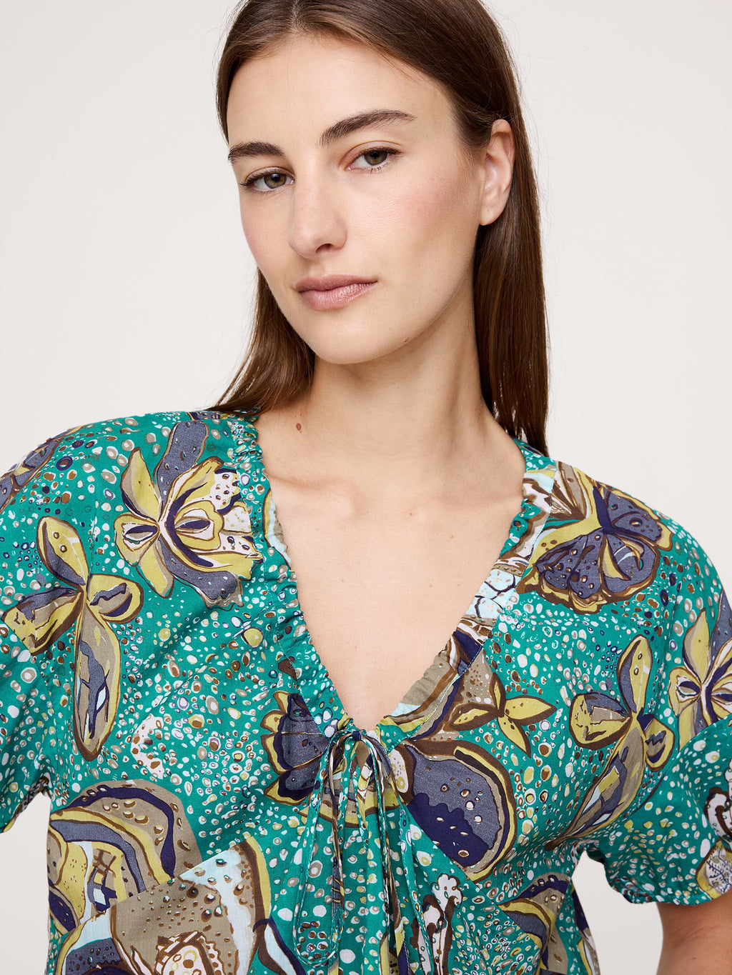 Cotton Tie-Front V-Neck Top - Bubbles Teal