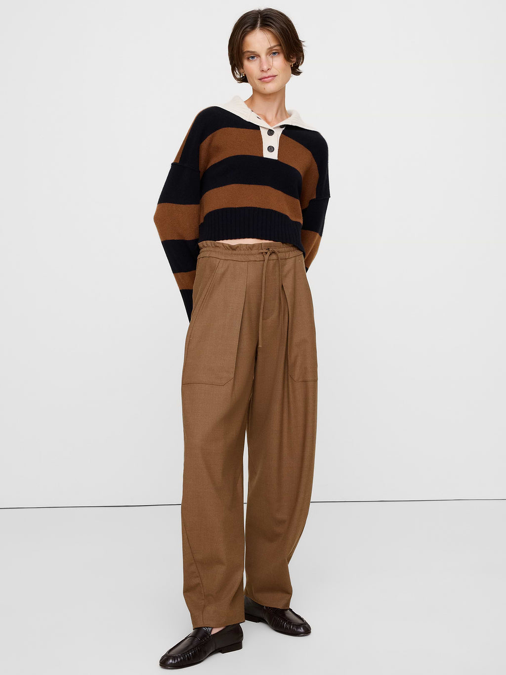 High-Rise Pleated Barrel Flannel Pull-On Pant - Vicuna Brown