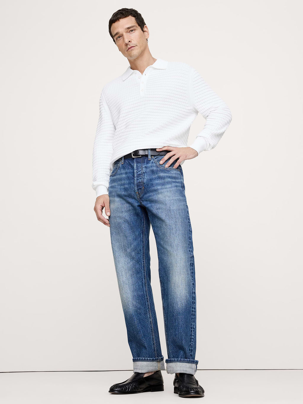 Textured Cotton Long-Sleeve Sweater Polo - White