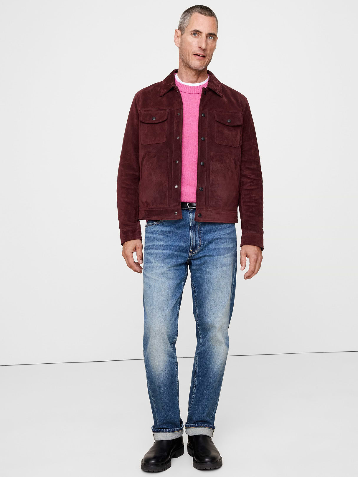 Oiled Suede Trucker Jacket - Classic Burgundy Red