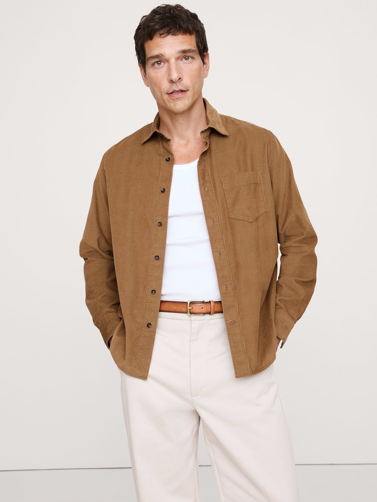Standard-Fit Lightweight Corduroy Shirt - Khaki Beige