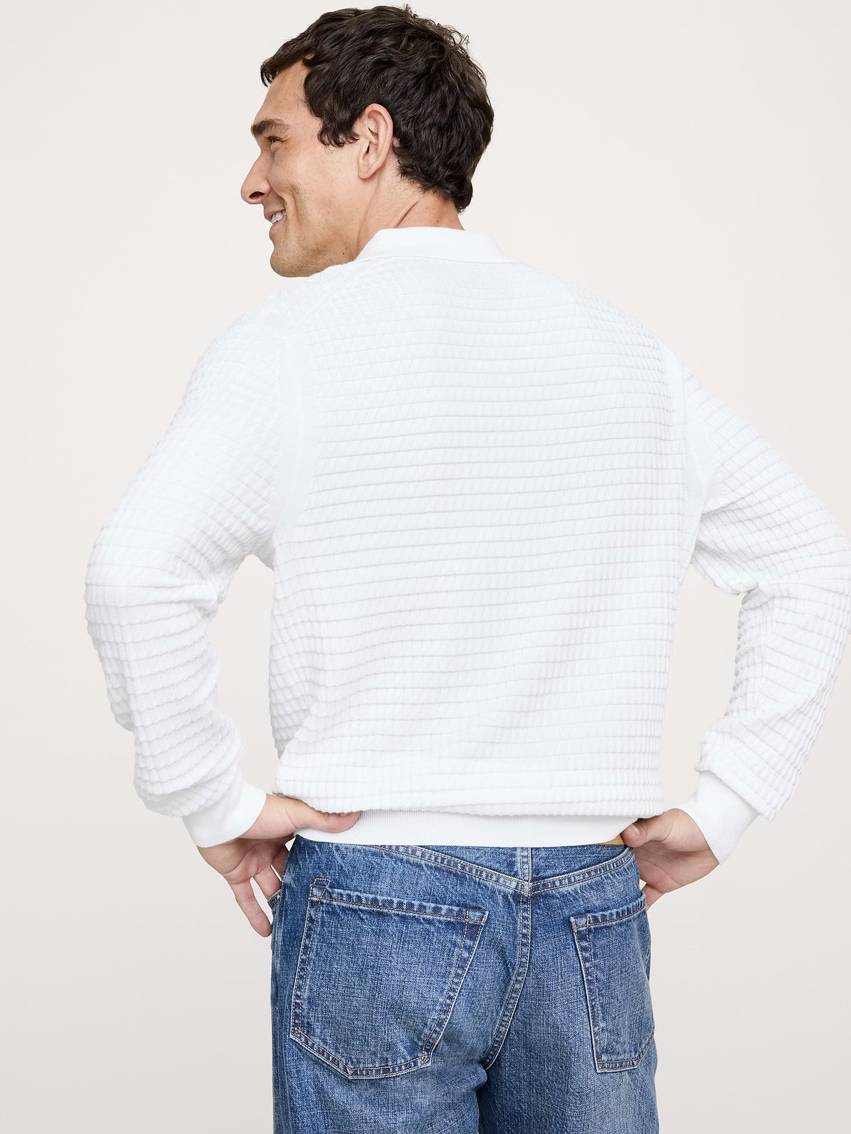 Textured Cotton Long-Sleeve Sweater Polo - White