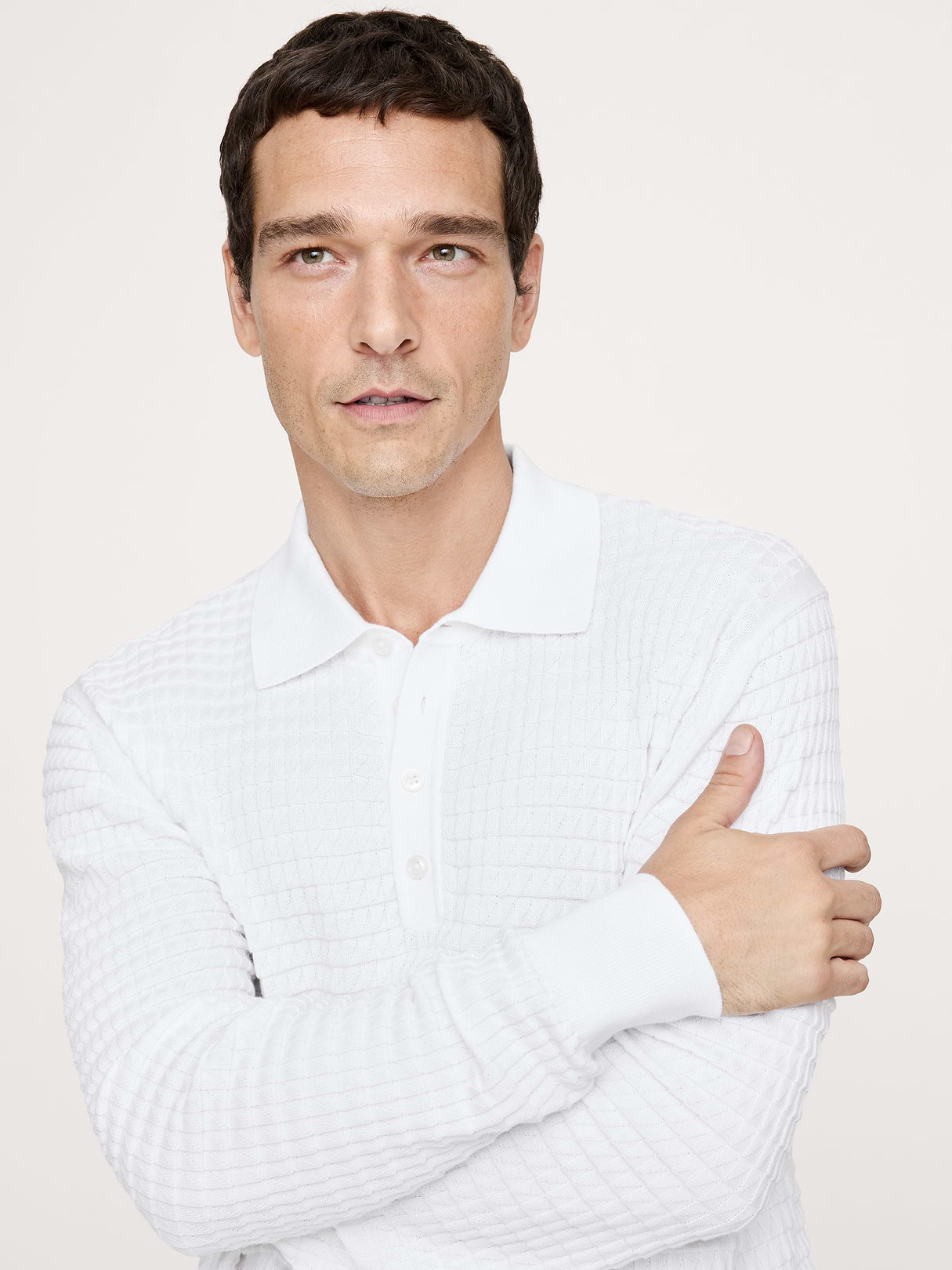 Textured Cotton Long-Sleeve Sweater Polo - White