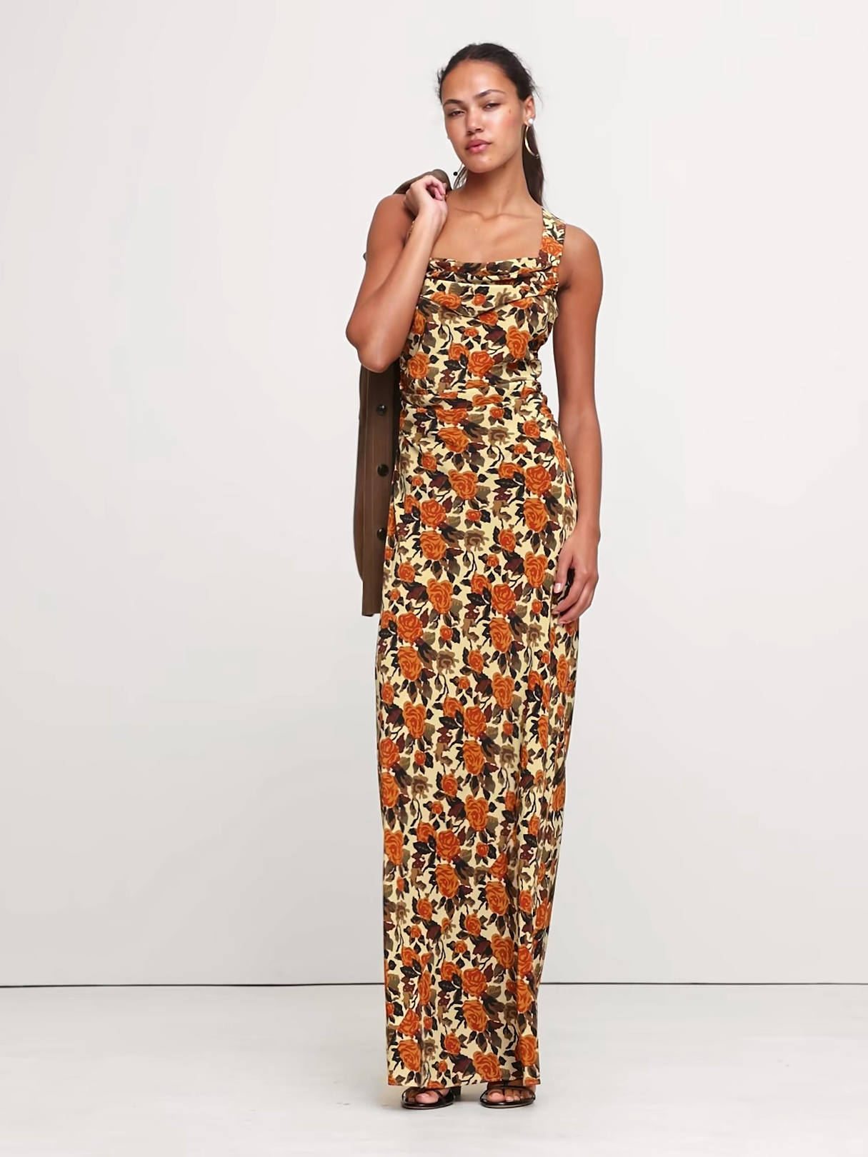 Matte Silk Cowl-Neck Backless Maxi Dress - Yellow Roses