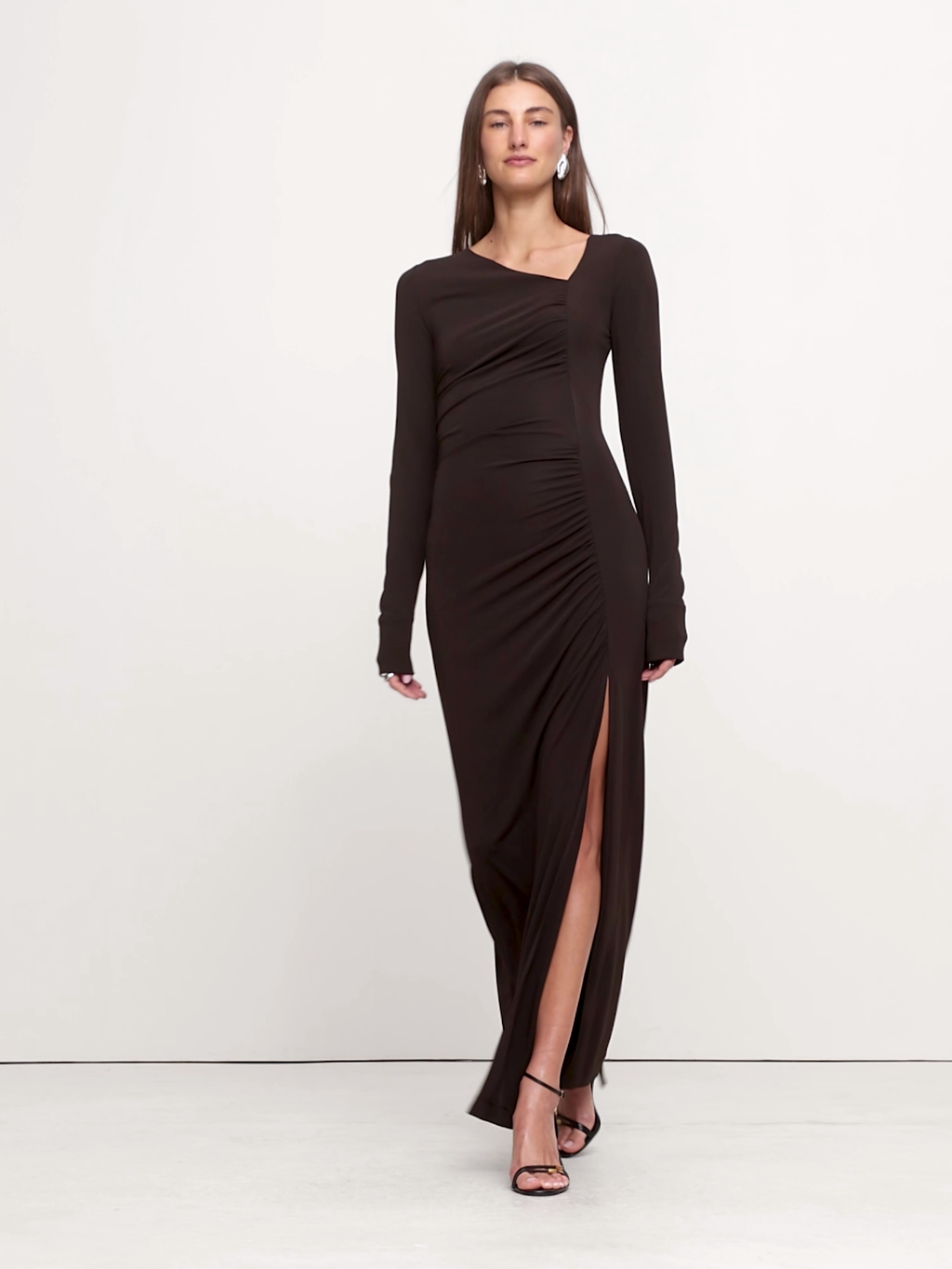 Matte Jersey Ruched Maxi Dress - Ganache Brown