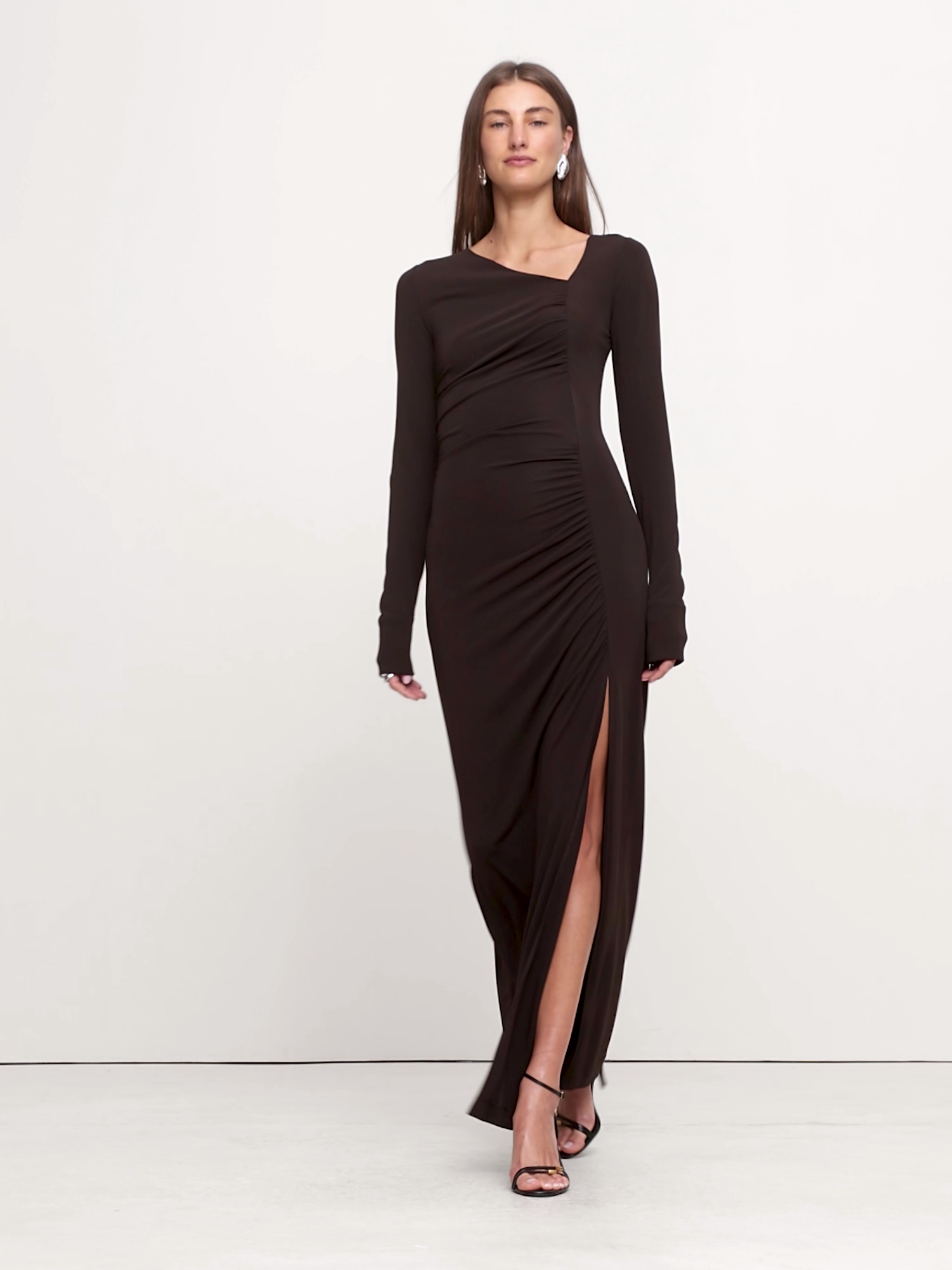 Matte Jersey Ruched Maxi Dress - Ganache Brown