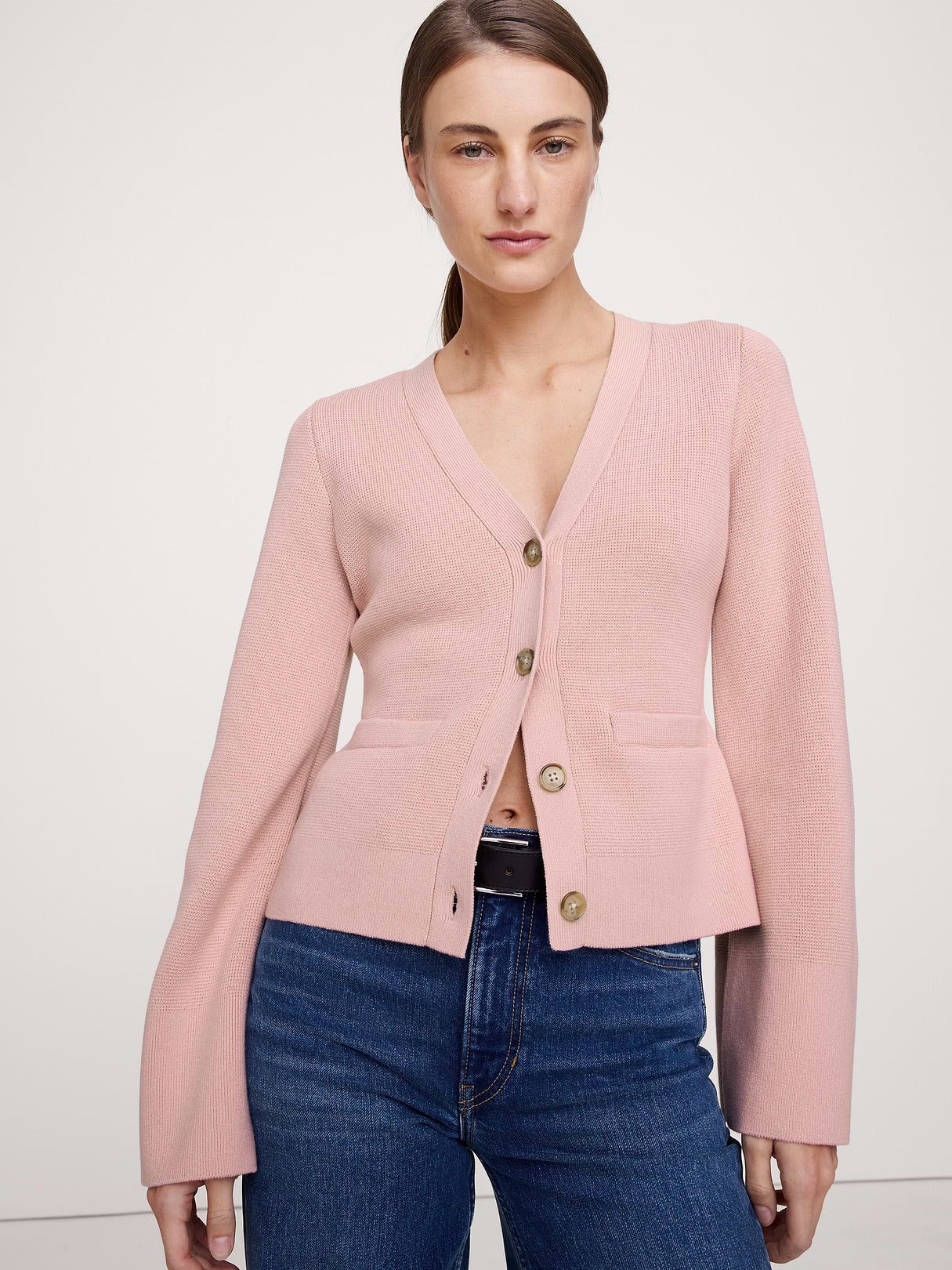 Larkspur Cotton-Silk Flare-Sleeve Cardigan - Dusty Rose Pink